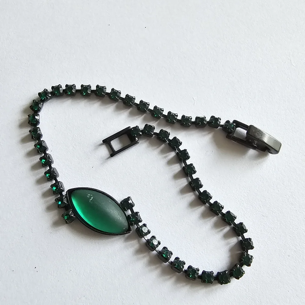 Vintage green rhinestones bracelet black metal dainty retro Japanned prom formal